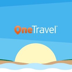 A beach with the sun setting behind it and an orange one travel logo.